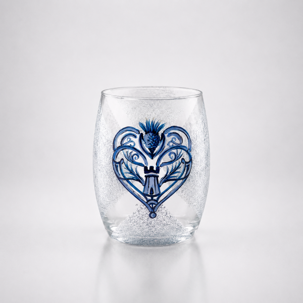 Heart of Scotland hand-painted tumbler glass with blue thistle logo