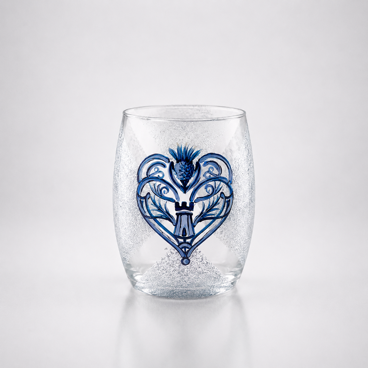 Heart of Scotland hand-painted tumbler glass with blue thistle logo