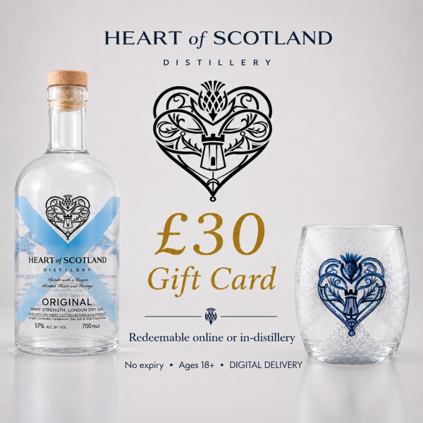 Heart of Scotland Distillery £30 gift card for Scottish gin, vodka and glassware