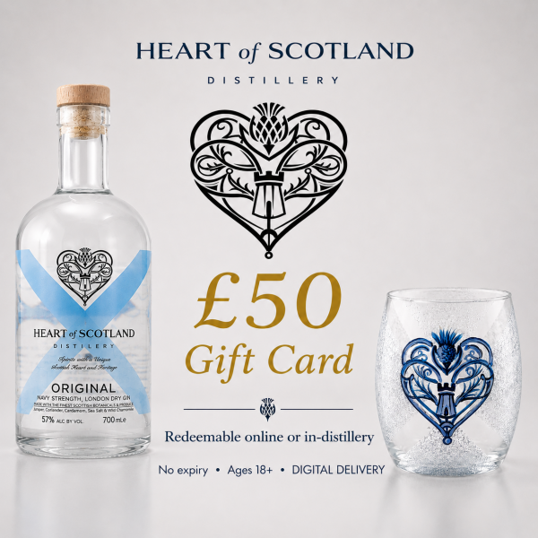 Heart of Scotland Distillery £50 gift card for Scottish gin, vodka and glassware