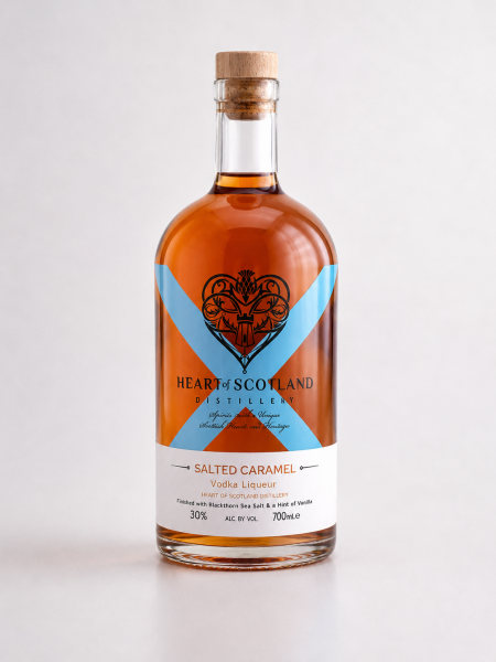 Heart of Scotland Salted Caramel Vodka Liqueur 700ml bottle with Blackthorn Sea Salt and vanilla